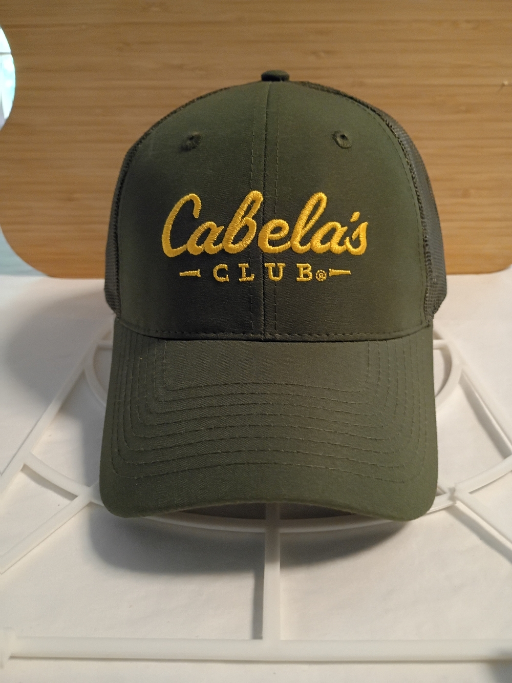 Cabela's Club Olive Green Trucker Hat with Yellow Embroidery